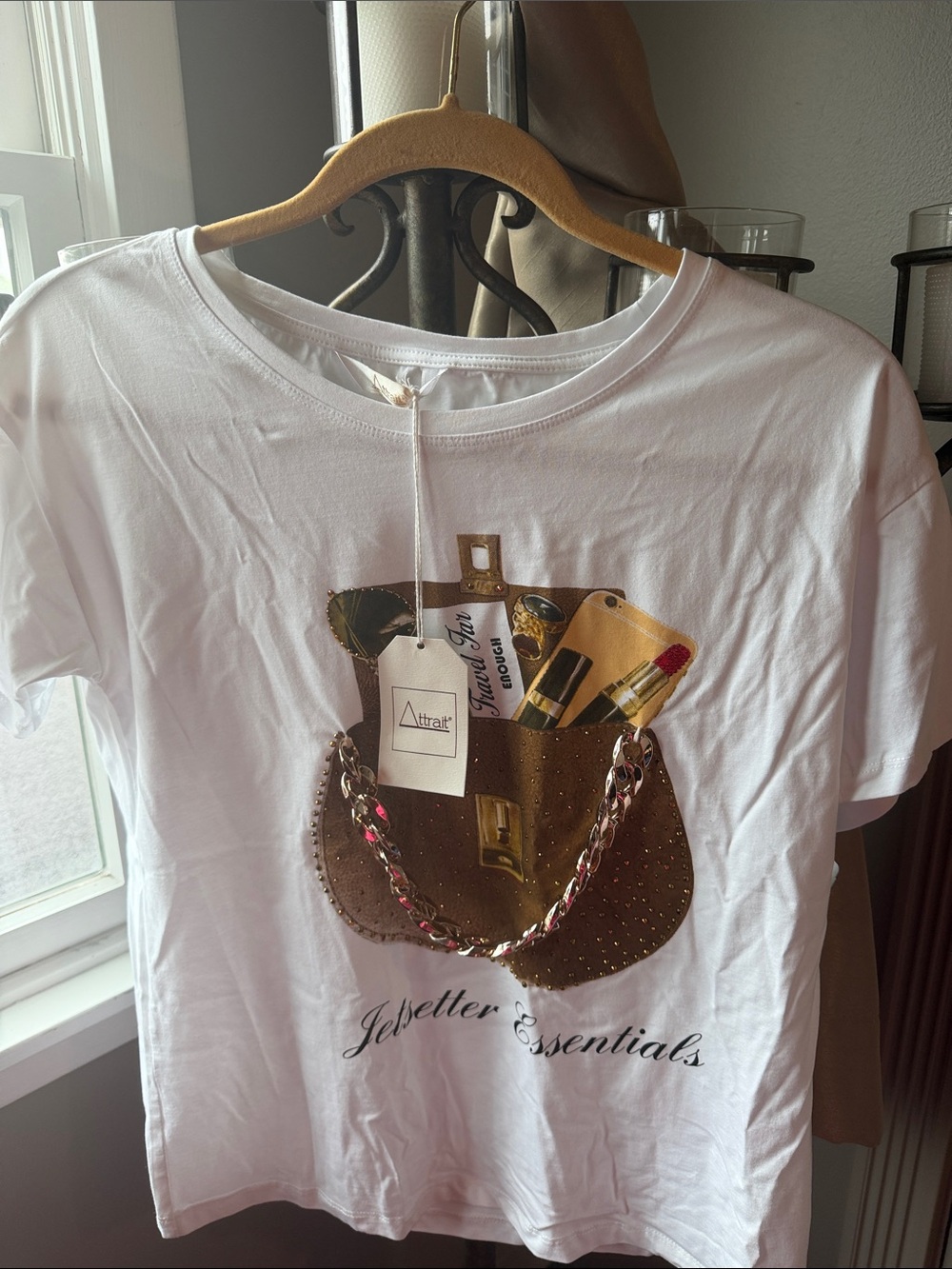 Graphic White Tee with Gold Studded Handbag and Metallic Chain
